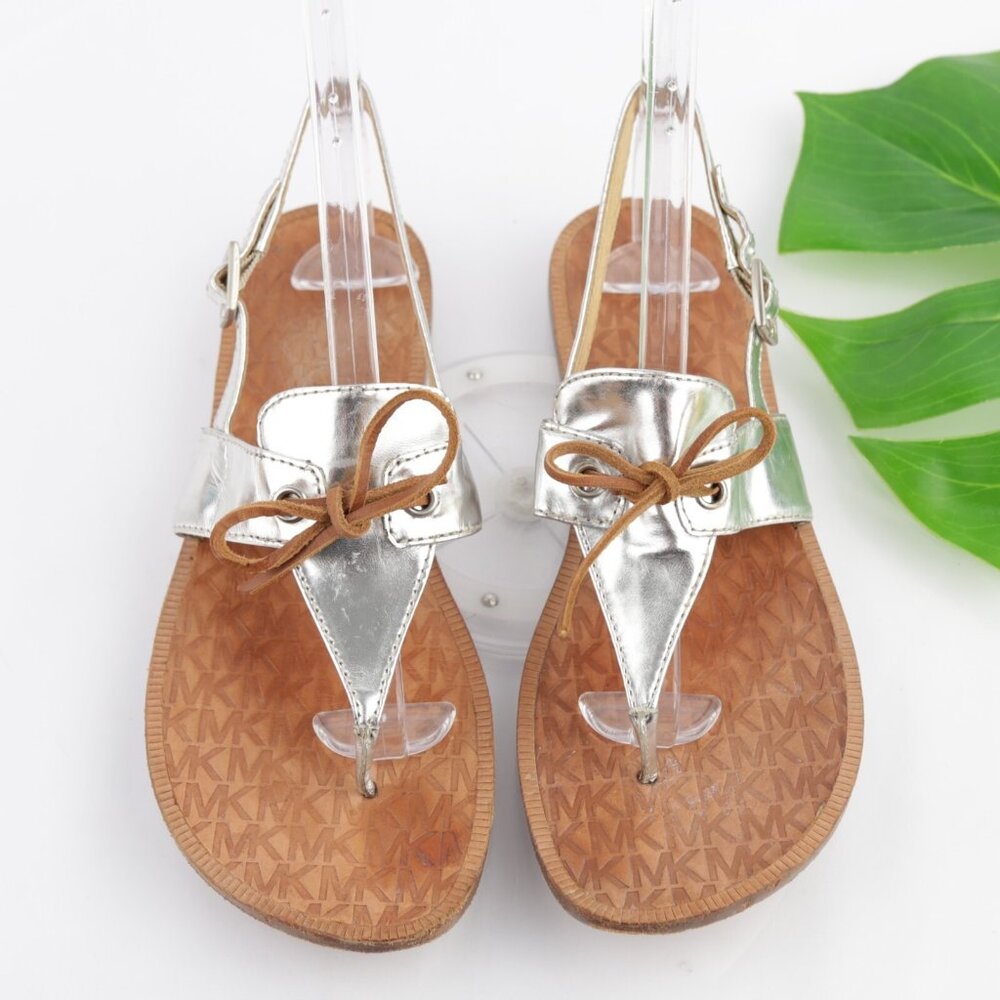 Michael Kors Womens Sandals Size 9 Silver Metallic Leather Thong Slingback Flats